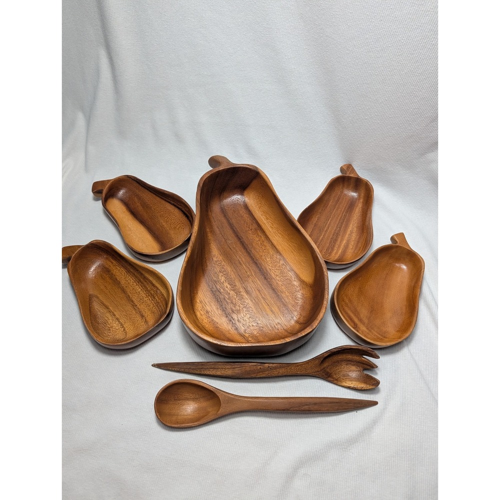 Vintage Monkey Pod Wood Pear Salad Bowl Set 7pc Mid Century Modern Serving Set